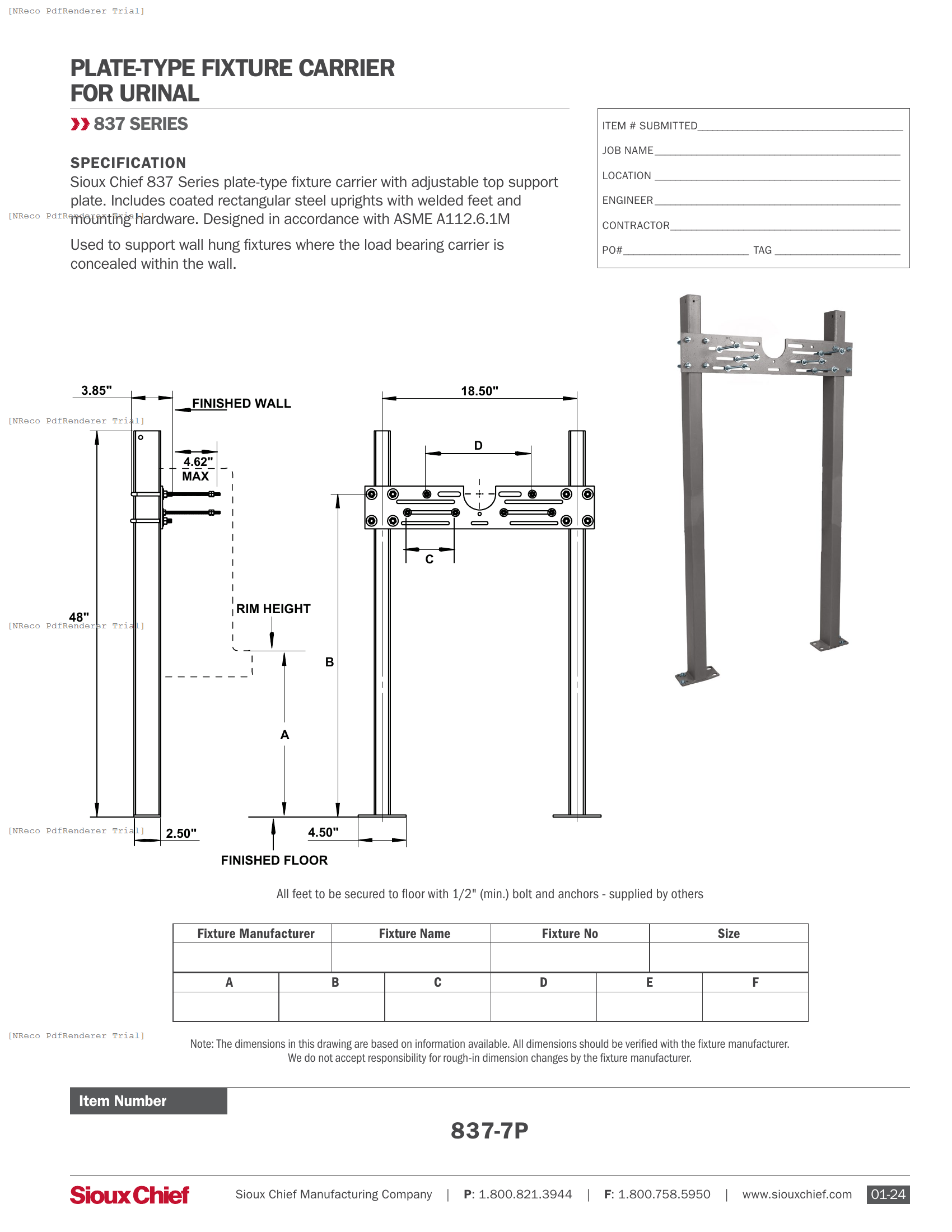 837 SERIES - PLATE-TYPE URINAL CARRIER - SPEC SHEET.PDF Specification Document